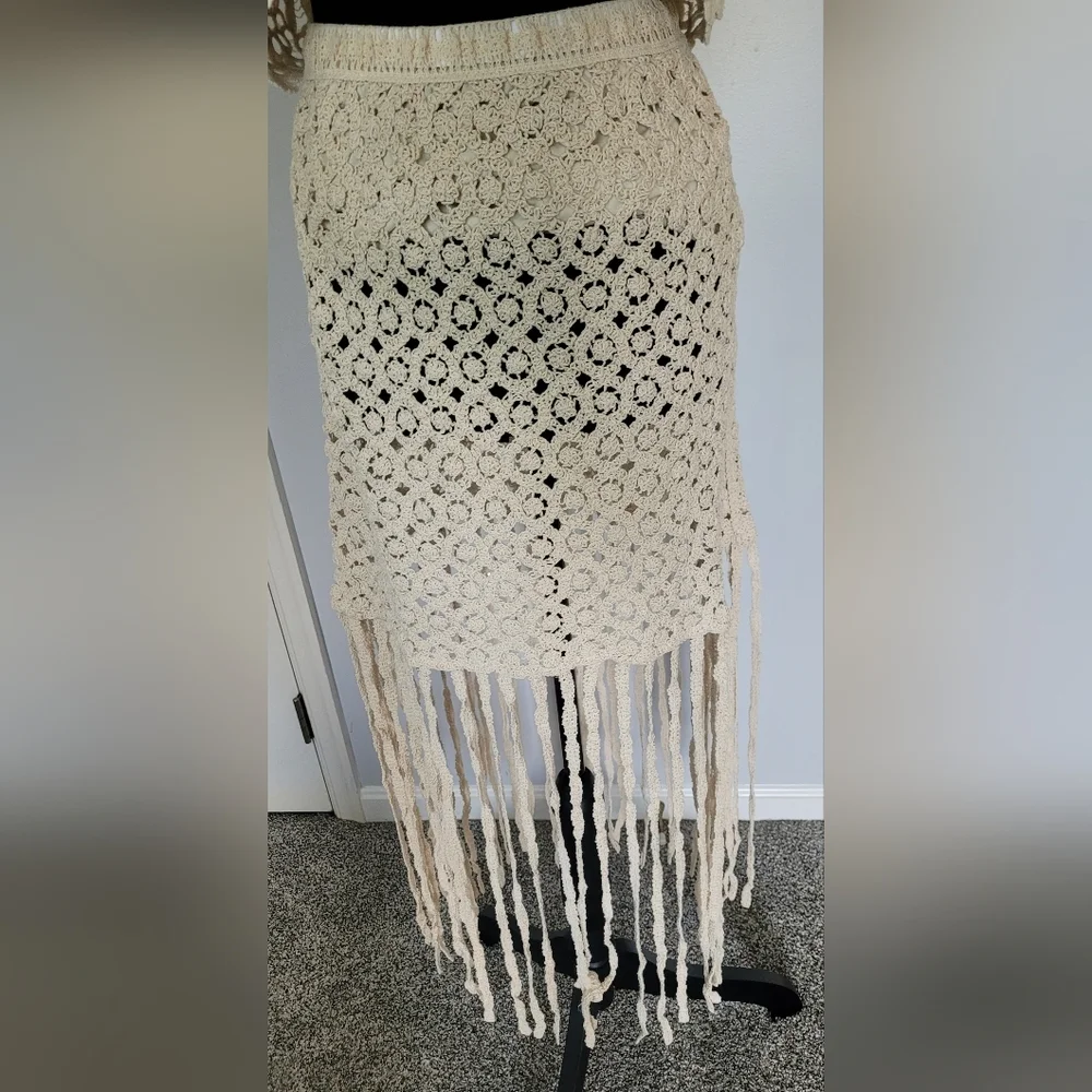 POL Cream Crochet Skirt With‎ Fringe Resort Wear. One Size NWOT